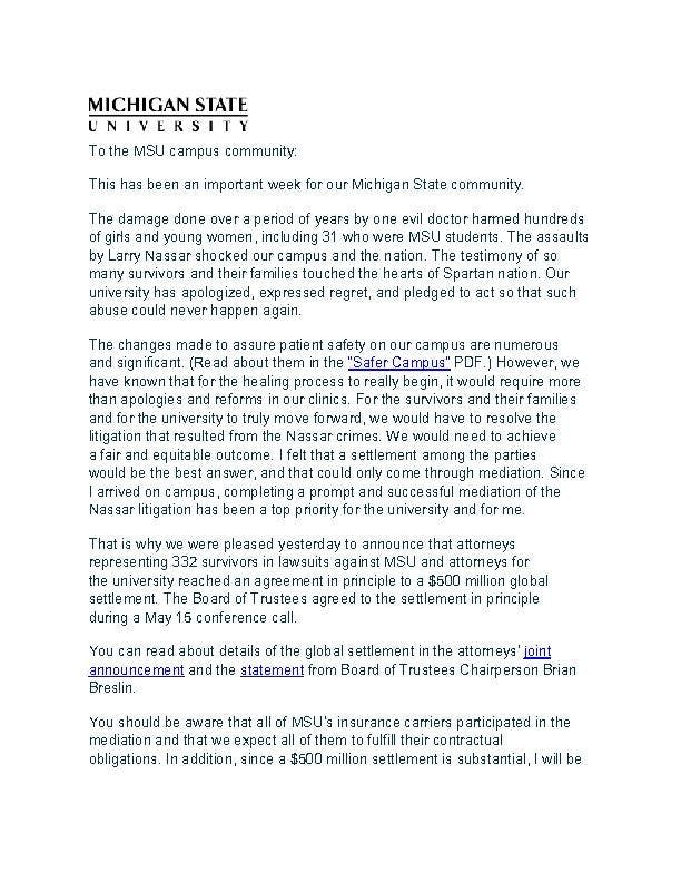 Letter from Interim President Engler regarding settlement
