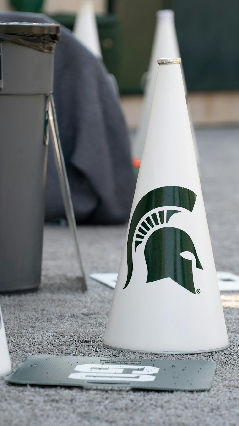 <p>An MSU megaphone rests on the sidelines of the Spartan Stadium during the game against Youngstown State Sep. 11, 2021. The Spartans won the game against Youngstown State 42-14 at Spartan Stadium.</p>