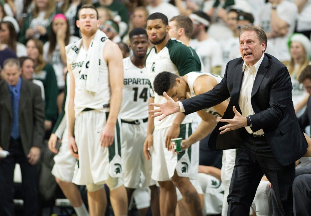 Head coach Tom Izzo reacts to a play during the game against Rutgers on Jan. 31, 2016 at Breslin Center. The Spartans defeated the Scarlet Knights, 96-62. 