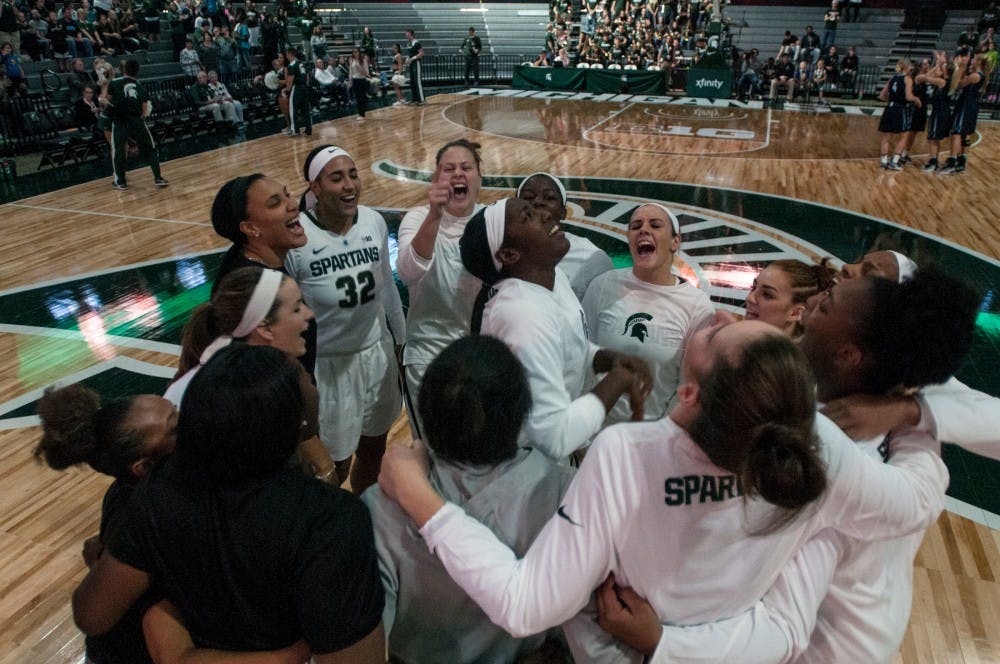 The women's basketball team huddles up before an exhibition game against Northwood University on Nov. 6, 2016 at the Breslin Center. The Spartans defeated the Timberwolves 82-47. 