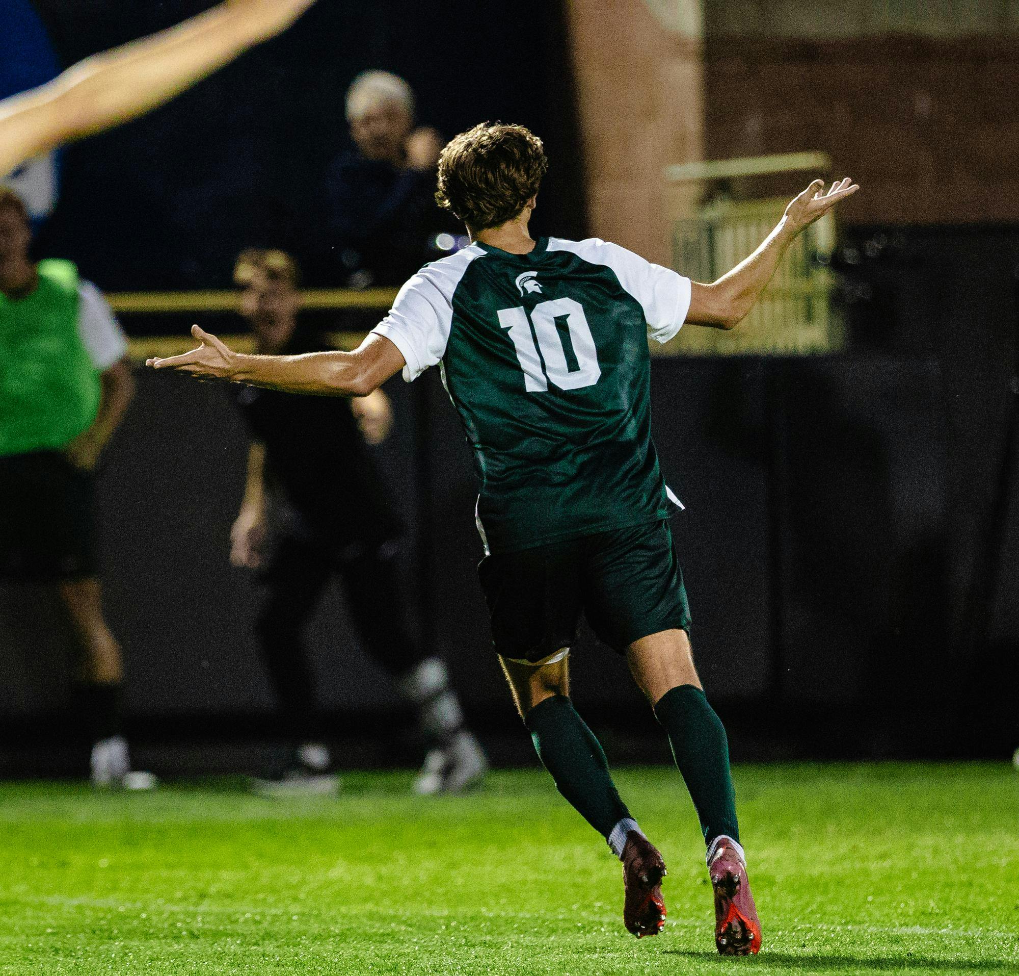 Michigan State junior forward, Richie Ludwig (10), celebrates his goal in Ann Arbor, Michigan on Sept. 26, 2025.