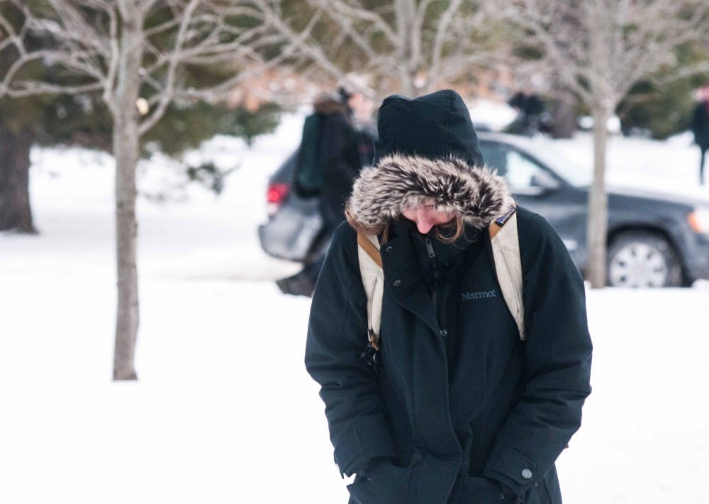 First year accounting grad student Alyssa Pratt walks to class on Jan. 16, 2018. "(The winter), it's beautiful, but painful," Pratt said. (State News | Annie Barker)