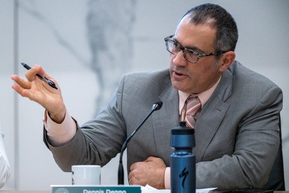 <p>Trustee Dennis Denno speaks during the MSU Board of Trustees meeting at Hannah Administration Building in East Lansing, Michigan on Friday, Dec. 12, 2025.</p>