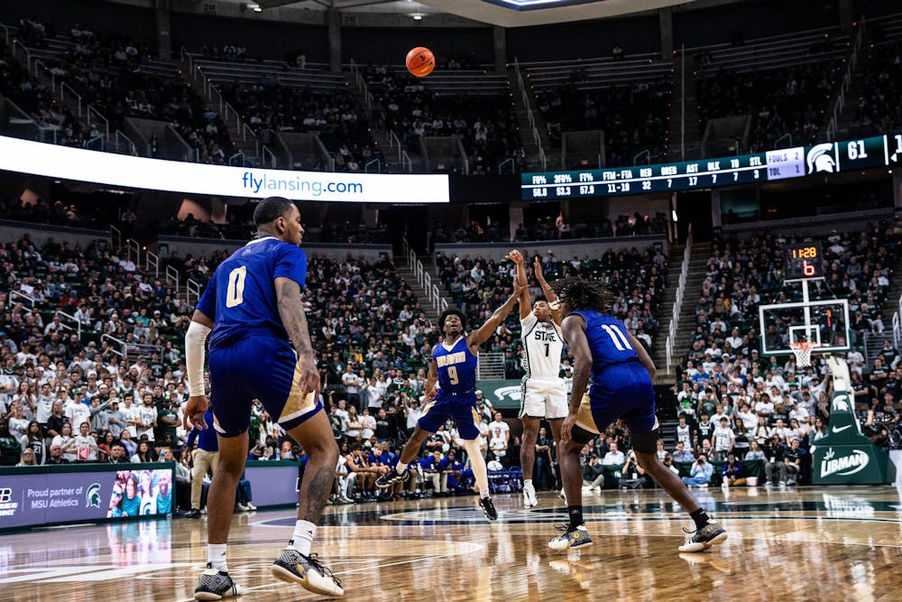 <p>Michigan State University freshman guard Jermey Fears Jr. (1) making an attempt to score against Alcorn State University at the Breslin Center on Nov. 19, 2023.</p>