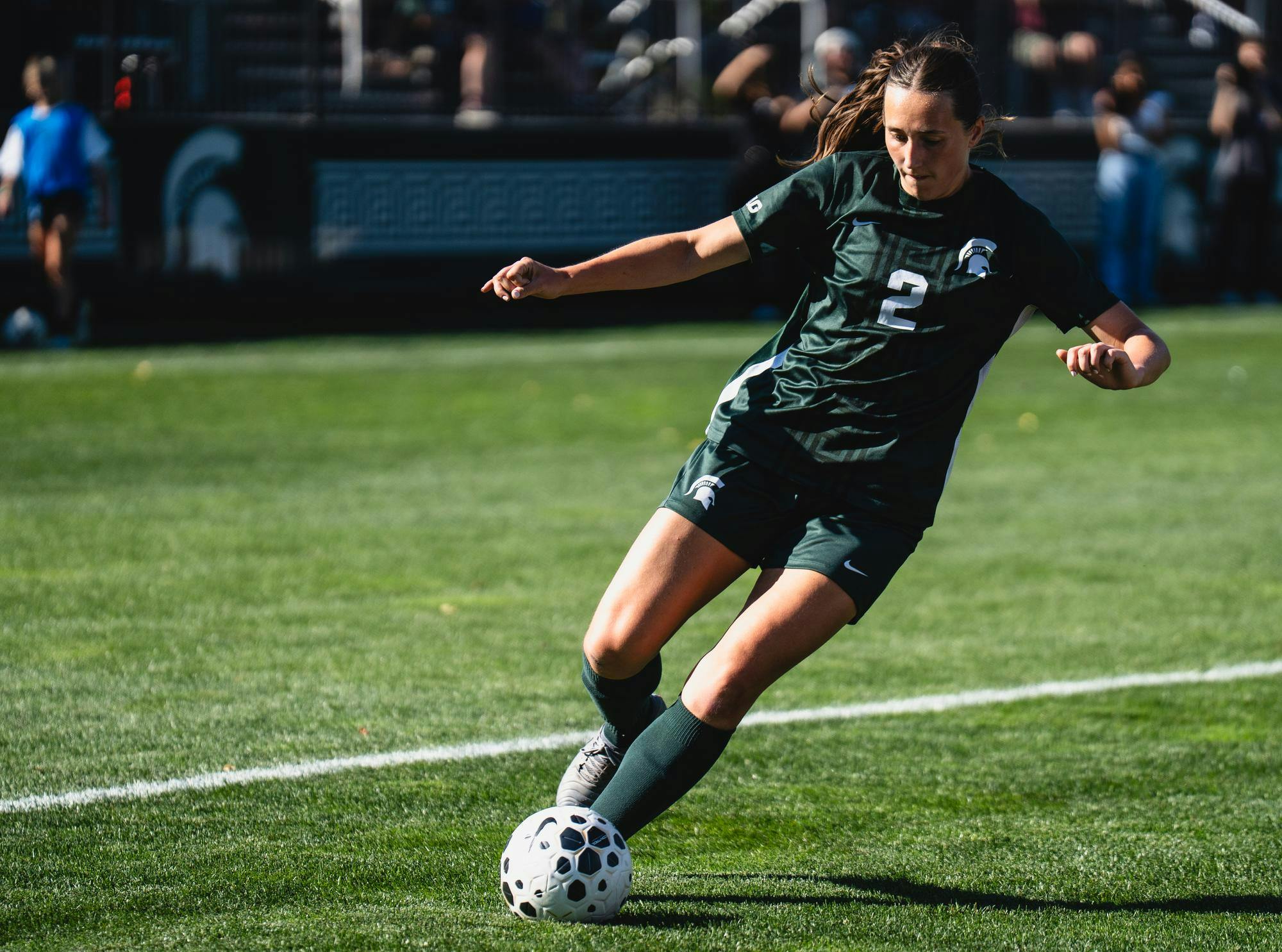 MSU senior defender Sofia Beerworth (2) kicks the ball down the field at the DeMartin Stadium in East Lansing, MI on Oct. 4, 2025