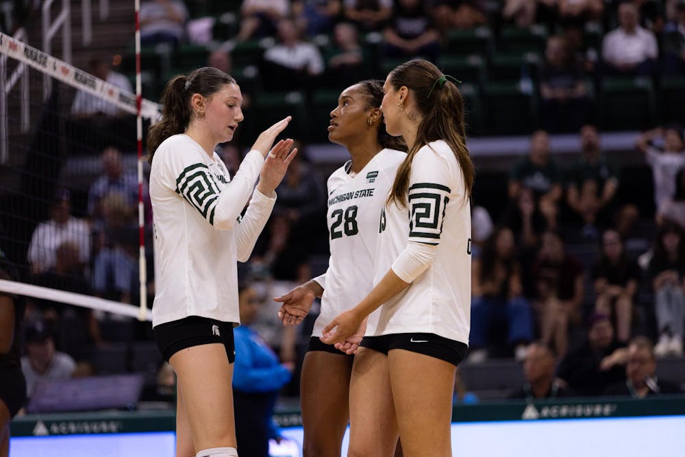 <p>Michigan State junior middle blocker Carmen Waye (22), senior outside hitter Alanna Bankston (28) and junior middle blocker Hayley Ogden (19) prepare to play during the Michigan State vs Western Michigan volleyball game at the Breslin Center on Tuesday, Sept. 8, 2026.</p>