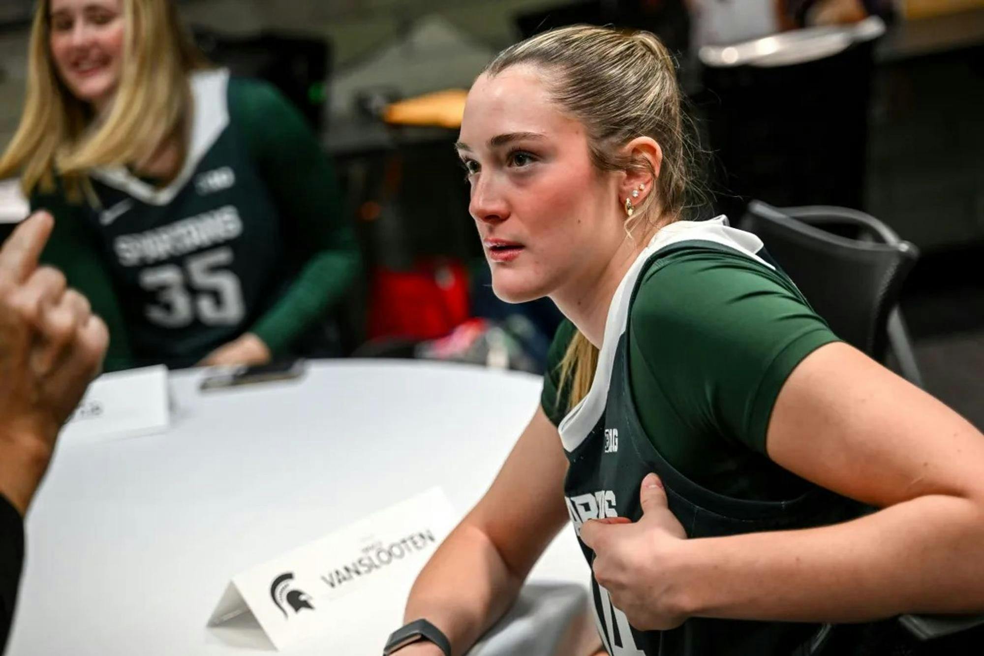 MSU women's basketball junior forward Grace VanSlooten speaks at the team's media day on Tuesday, Oct. 22, 2024. Photo courtesy of MSU Athletic Communications. 