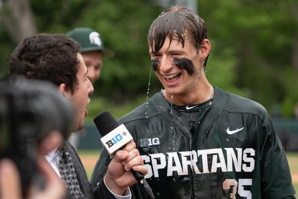 <p>Michigan State junior infielder Randy Seymour (35) talks to a TV reporter after hitting a walk-off RBI in the ninth inning defeat Minnesota at McLane Stadium on May May 17, 2025. The Spartans won 11-10 to close the series.</p>