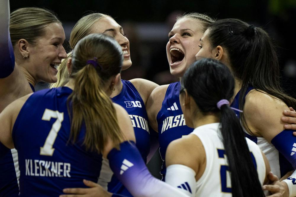 <p>The Washington volleyball team celebrates after winning a set against Michigan State during a match at Breslin Center in East Lansing, Mich., on Friday, Sept. 25, 2026.</p>