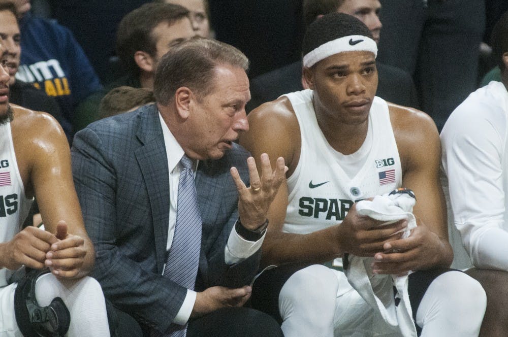 Head coach Tom Izzo talks with freshman forward Miles Bridges (22) during the basketball game against Northwood on Oct. 27, 2016 at Breslin Center. The Spartans defeated the Timberwolves, 93-69. 