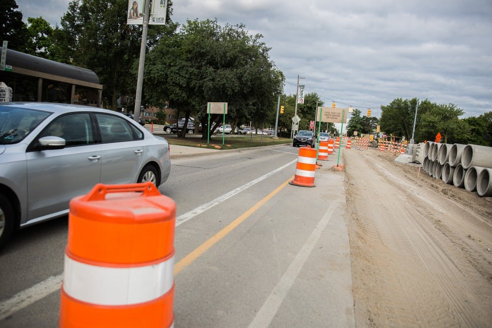 <p>Road construction is seen near Brody Hall on Aug. 25, 2019 in East Lansing. (Sylvia Jarrus/The State News)</p>