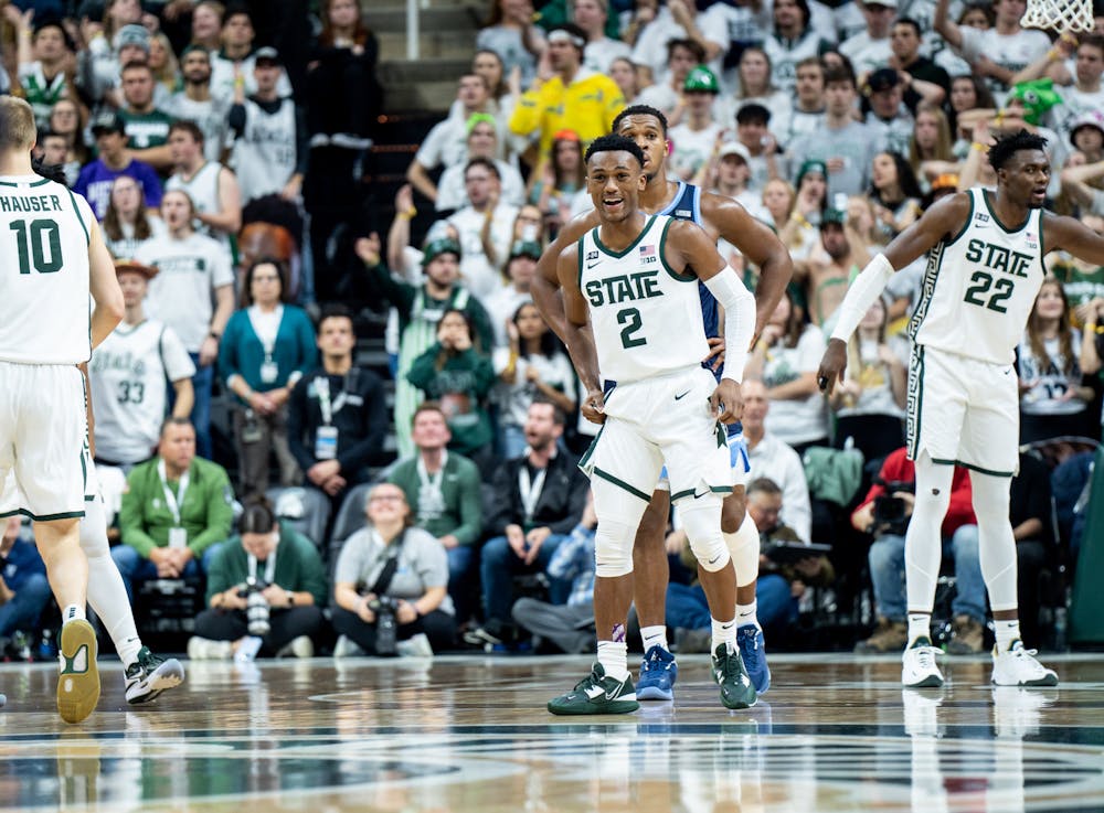 <p>Senior guard Tyson Walker (2) smiles during a game against Villanova at the Breslin Center on Nov. 18, 2022. The Spartans defeated the Wildcats 73-71. ﻿</p>
