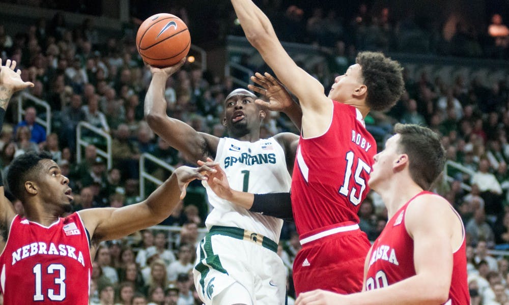 Sophomore guard Joshua Langford (1) takes a shot on the net during the game against Nebraska on Dec. 3, 2017, at Breslin Center. The Spartans defeated the Cornhuskers 86-57.