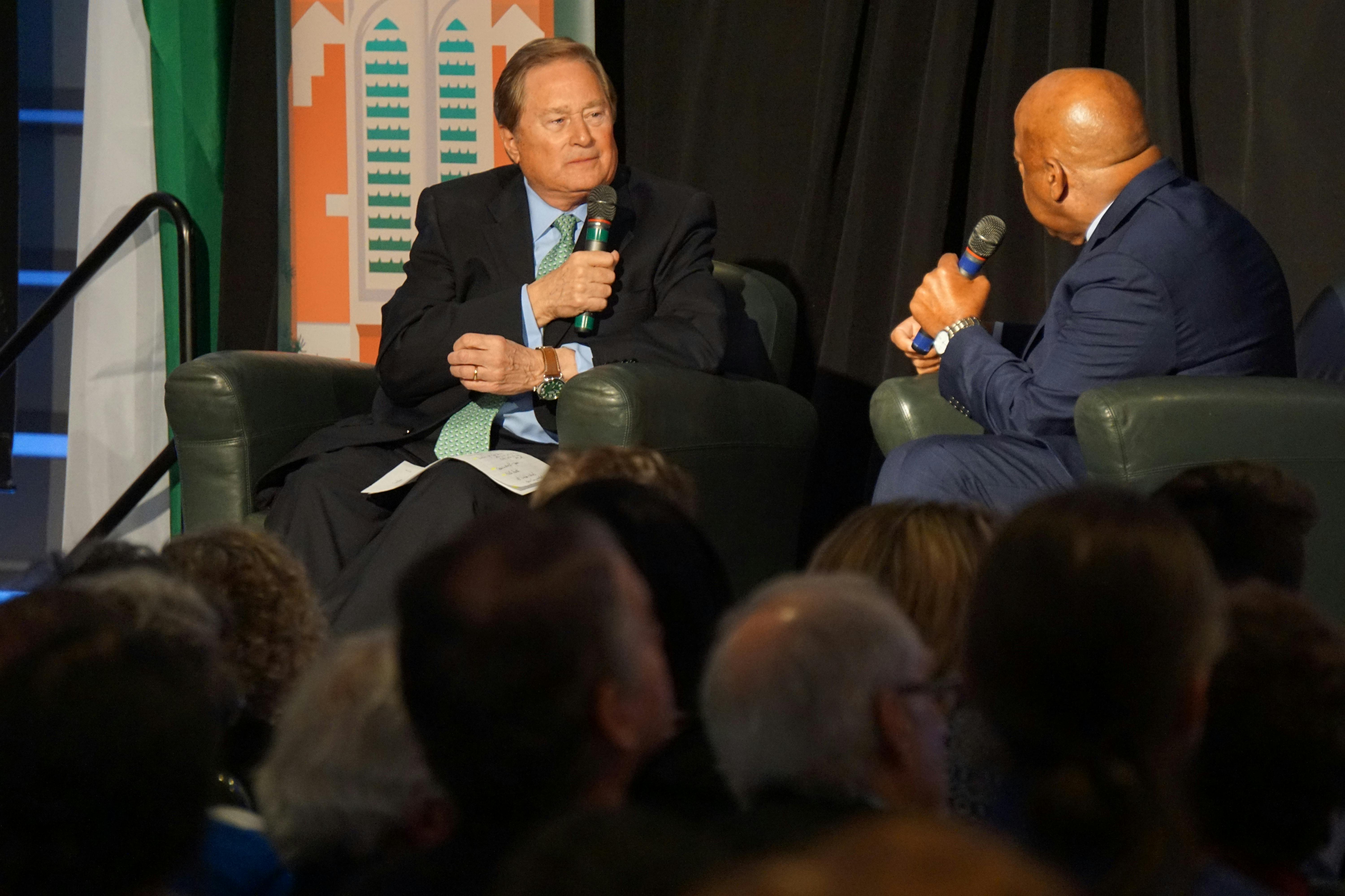 <p>Former Governor Jim Blanchard interviews Congressman John Lewis at the Kellogg Center on Oct. 30, 2017.</p>