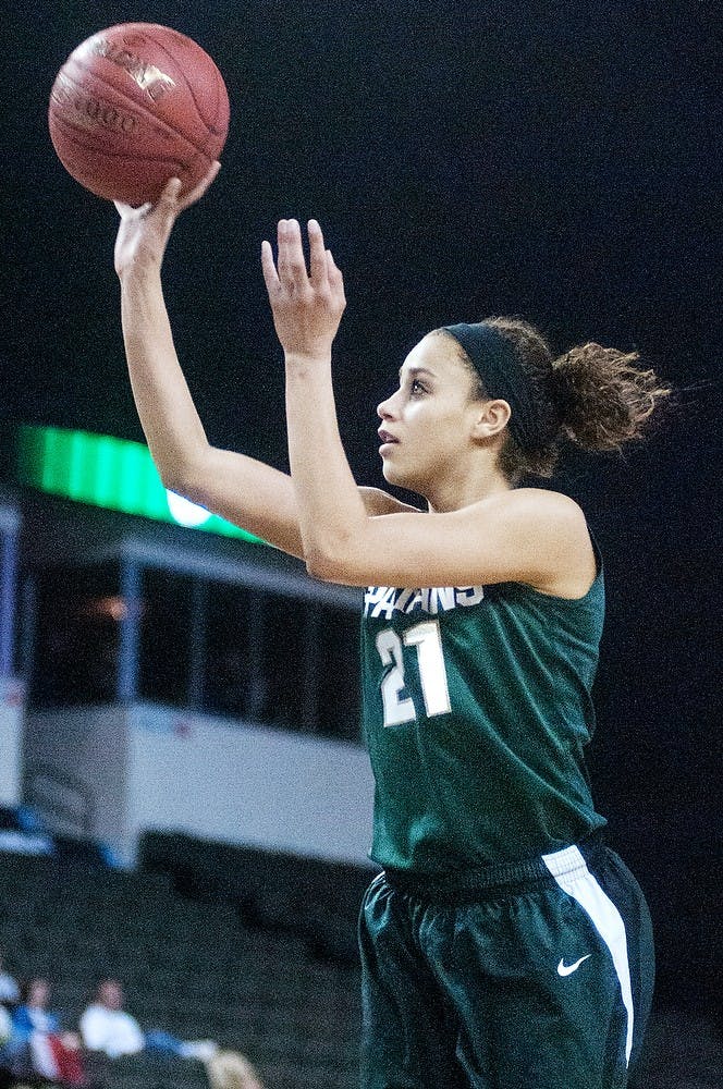 Junior guard Klarissa Bell shoots during the Big Ten Tournament championship game against Purdue at Sears Centre in Hoffman Estates, Ill. The Spartans lost to the Boilermakers 62-47. Julia Nagy/The State News