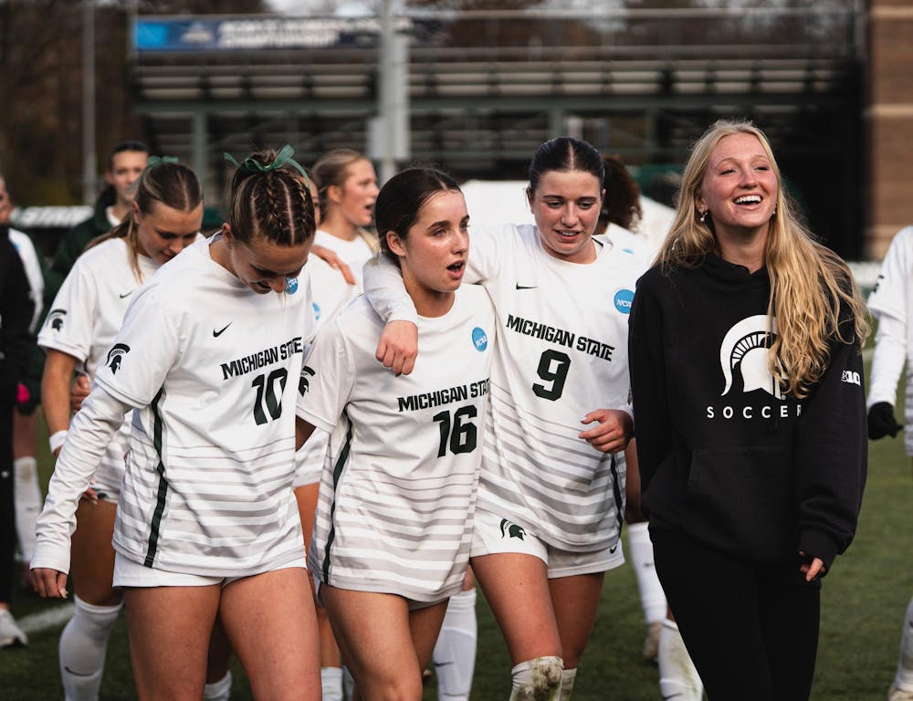 <p>The MSU women's soccer team celebrates after their match at the DeMartin Soccer Stadium in East Lansing, MI, on Nov. 23, 2025.</p>
