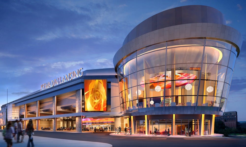 A rendering of the proposed Kewadin Lansing Casino is pictured between Cooly Law School stadium and the Lansing Center at corner of Michigan Avenue and Cedar Street in Lansing. A parking lot current occupies the space. 