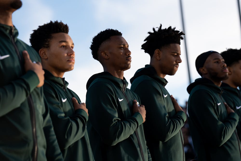 Michigan State stands for the National Anthem the Spartans matchup with No. 2 Gonzaga in the 2022 Armed Forces Classic on Nov. 11. The Spartans fell 64-63.