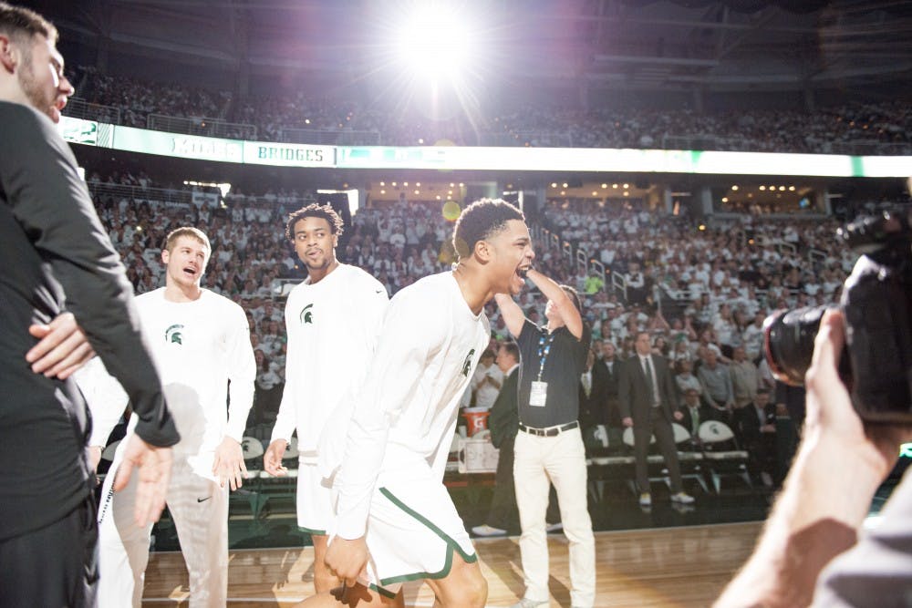 Freshman guard/forward Miles Bridges (22) expresses emotion before the men's basketball game against the University of Michigan on Jan. 29, 2017 at Breslin Center. The Spartans defeated the Wolverines, 70-62.