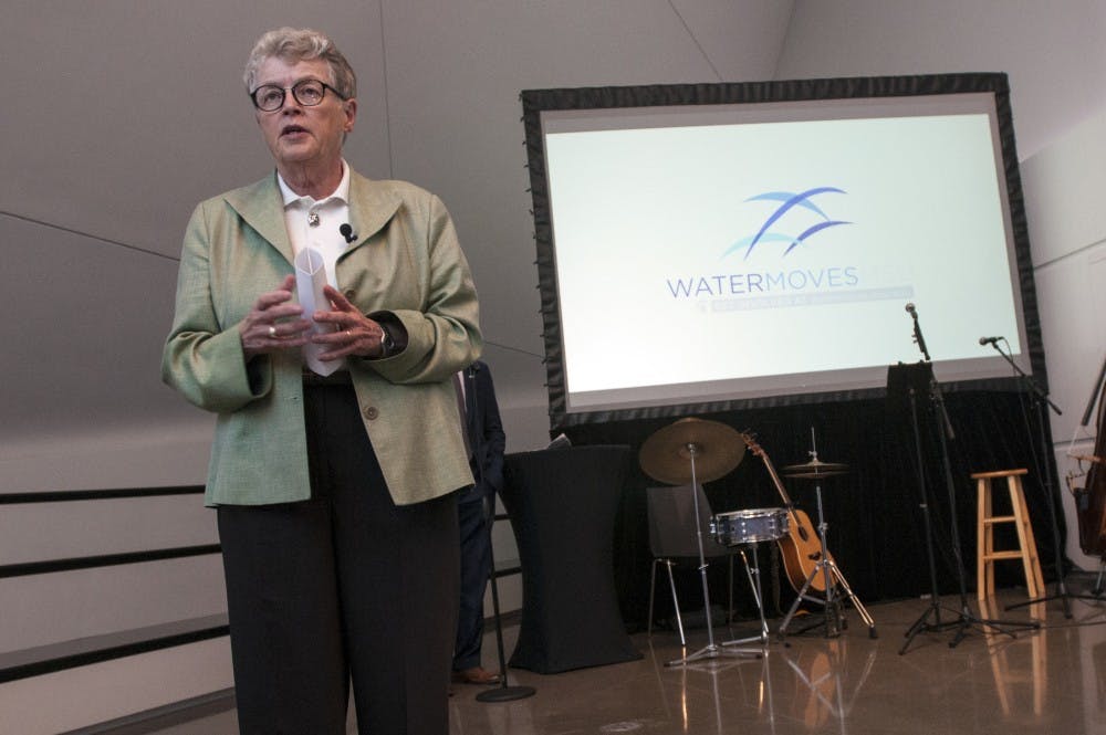 MSU President Lou Anna K. Simon speaks during the Water Moves MSU launch on Oct. 4, 2016 at the Eli and Edythe Broad Art Museum. This initiative strengthens the university-wide focus on water and cuts across multiple strategic imperatives under Bolder by Design: enriching the student experience, global inclusiveness, and engaging the community.