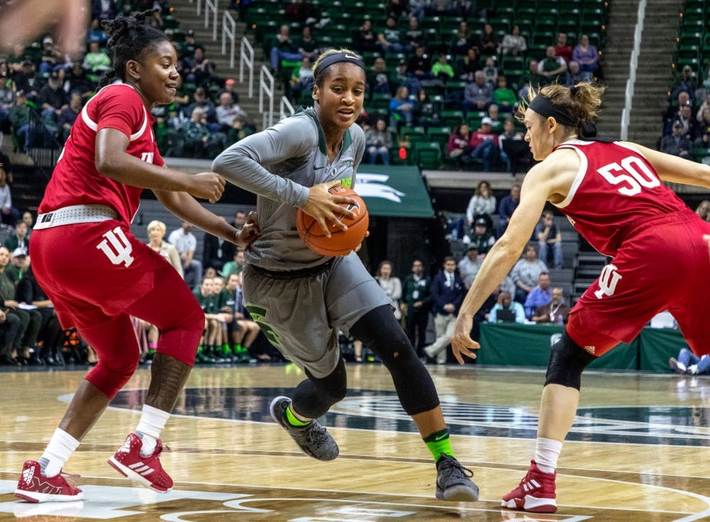 Redshirt junior guard Shay Colley (0) cuts through the defense during the game against Indiana on Feb.11, 2019. The Spartans lead the Hoosiers 33-30 at halftime.