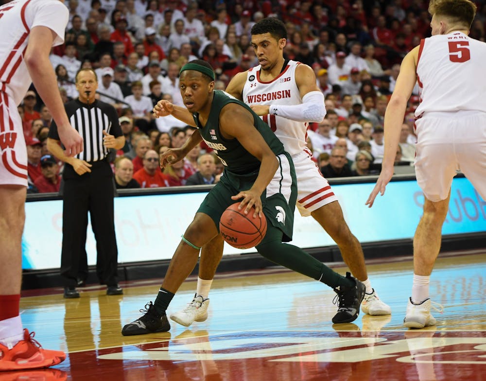 <p>Then-senior guard Cassius Winston (5) during the basketball game against Wisconsin at the Kohl Center in Madison, Wisconsin on Feb. 1, 2020. The Spartans fell to the Badgers 63-64.</p>