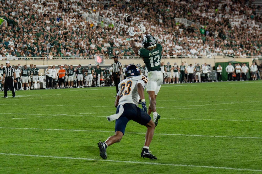 Tyran Chappell (22) of MSU catches the ball during the Michigan State vs. Toledo football game at Spartan Stadium in East Lansing, Mich., on Friday, Sept. 4, 2026.
