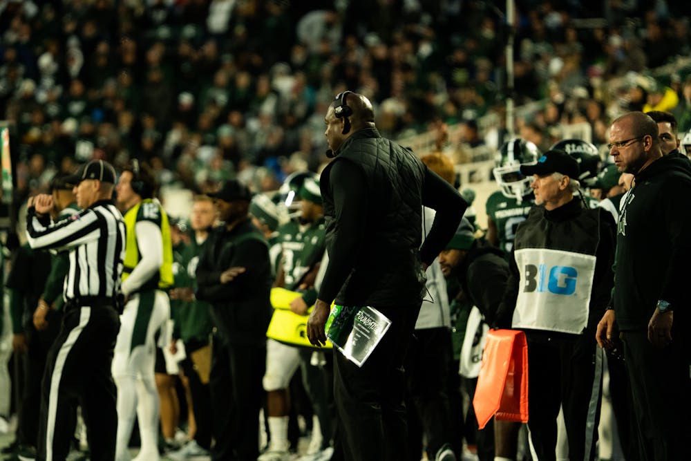 <p>Coach Mel Tucker at the MSU V. Wisconsin game. The Spartans took victory over the Badgers 34-28. Held at the Spartan Stadium held on October 15, 2022.</p>
