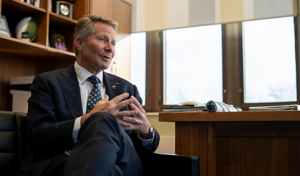 Michigan State University President Kevin Guskiewicz during an interview with The State News in his office at the Hannah Administration Building on March 12, 2024.