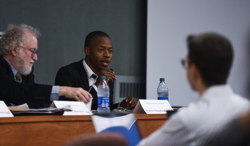 Warren Stanfield III speaks during ASMSU’s East Lansing City Council candidate debate on Oct. 14, 2019 at the International Center. 