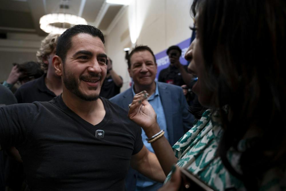 <p>Abdul El-Sayed, democratic candidate for Michigan U.S. Senate, hugs Michigan State University Trustee Brianna Scott after a rally at the MSU Union in East Lansing, Michigan, on Sept. 11, 2026.</p>