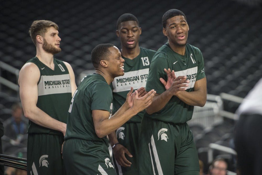 Junior guard Cassius Winston (5) and freshman forward Aaron Henry (11) during Michigan State's NCAA Men's Basketball Final Four open practice at U.S. Bank Stadium in Minneapolis on April 5, 2019. (Nic Antaya/The State News)