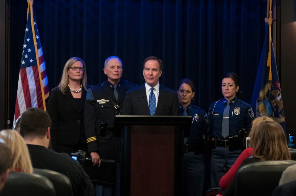 Michigan Attorney General Bill Schuette speaks to press regarding the arrest and investigation of ex-MSU faculty member Larry Nassar on Nov. 22, 2016 in G. Mennen Williams Building at 525 W. Ottawa St. in Lansing. 