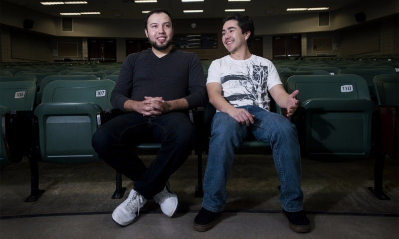 <p>&nbsp;From left to right, doctoral student Jose Badillo Carlos and doctoral student Osvaldo Sandoval pose for a portrait on Jan. 22, 2016 at Wells Hall. Carlos and Sandoval are both children of undocumented migrants and have paid international student tuition rates while attending MSU.</p>
<p><strong>Emily Elconin | The State News</strong></p>