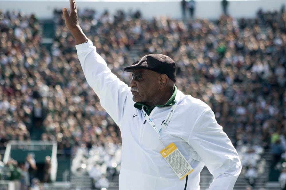 Former MSU football player Jimmy Raye is honored during halftime at the game against Central Michigan at Spartan Stadium on Sept. 29, 2018.