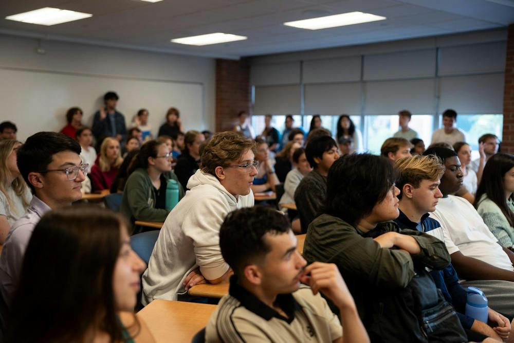 <p>Students listen as Will Lawrence speaks during the MSU Dems meeting in Case Hall in East Lansing, Mich., on Sept. 15, 2026.</p>