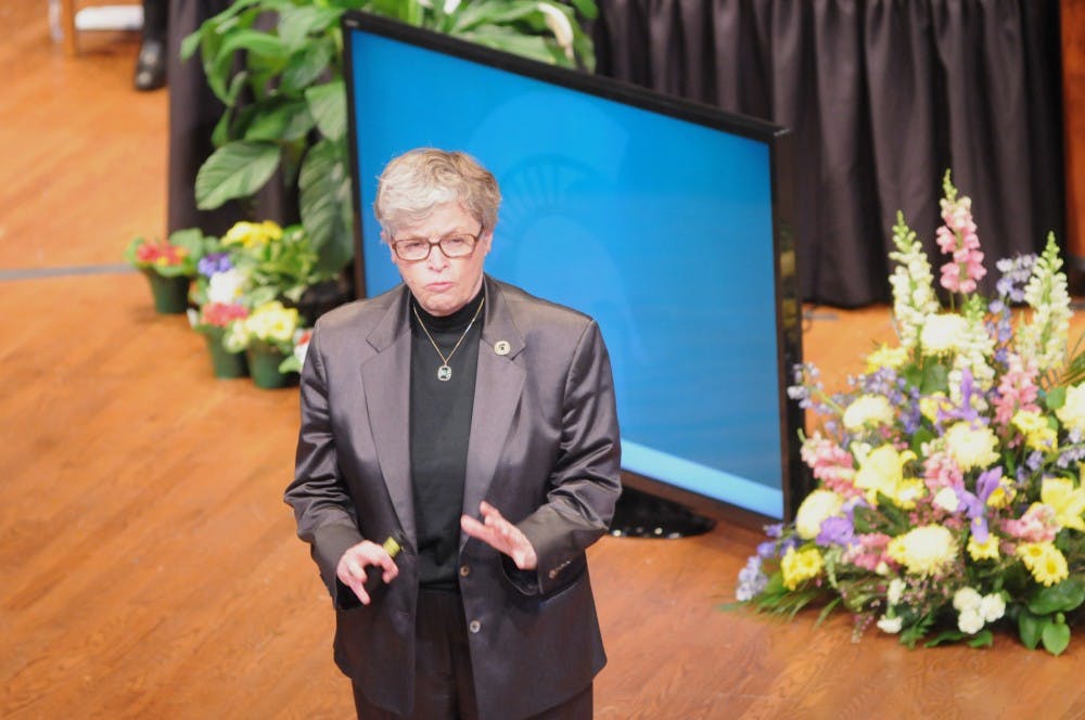 Michigan State University President Lou Anna K. Simon addresses the audience during the annual MSU Awards Convocation on Feb. 9, 2016 at Wharton Center. 