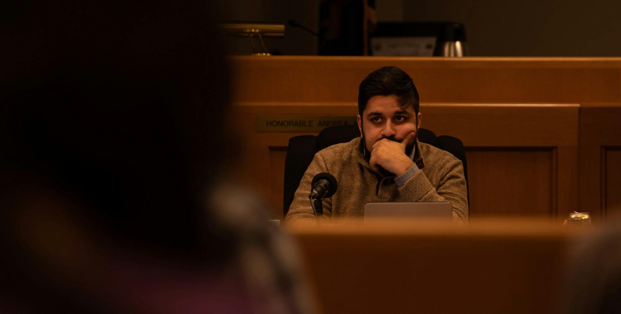 <p>Mayor Pro Tem Aaron Stephens listens from the audience during the city council discussion only meeting on Feb. 18, 2020.</p>