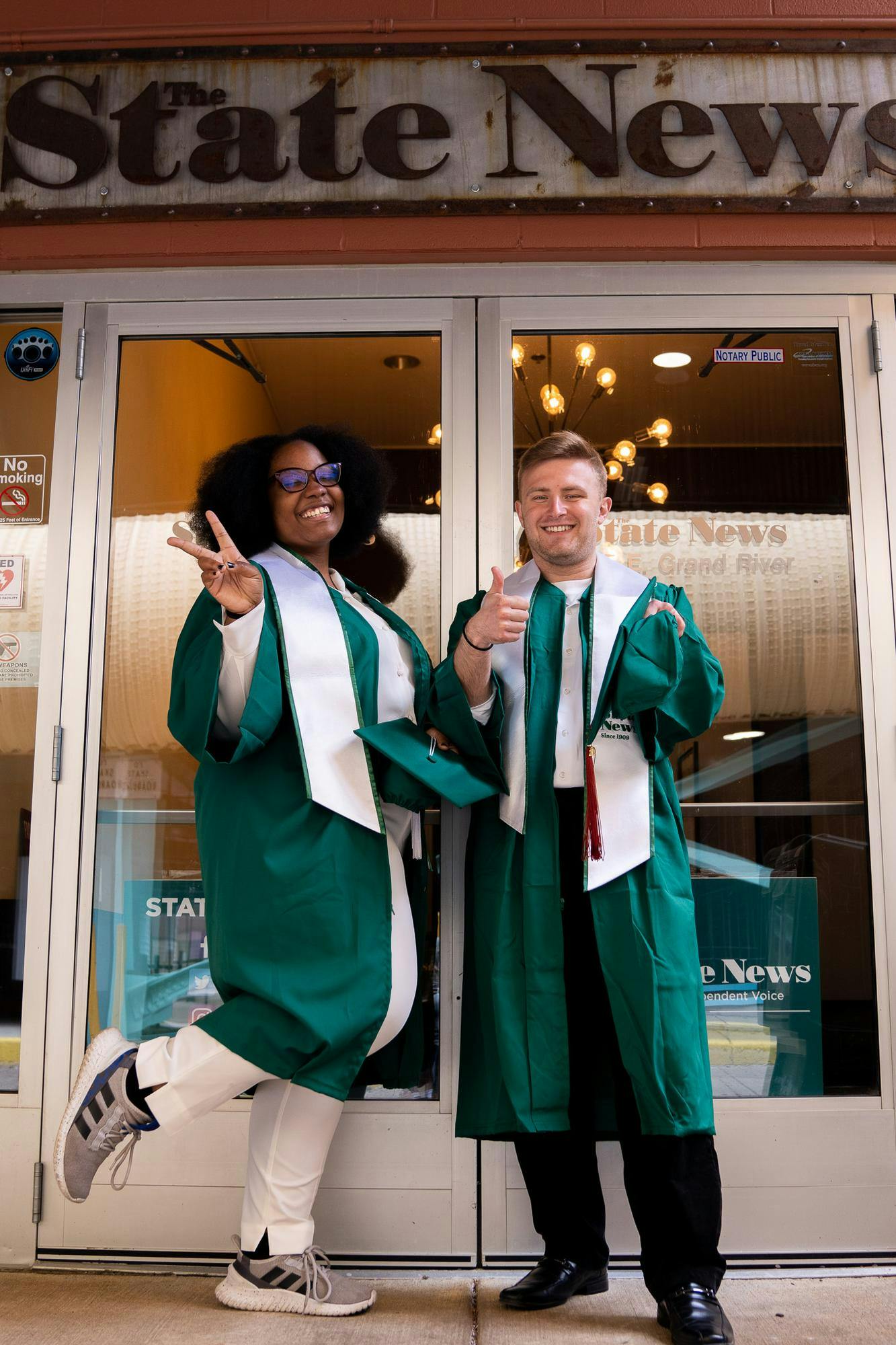 The State News leaders SaMya Overall and Drew Goretzka outside of The State News office on April 21, 2023. 