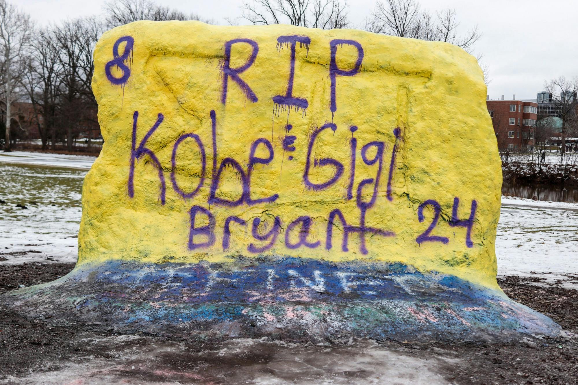 <p>The Rock on Farm Lane reads “RIP Kobe &amp; Gigi Bryant 24” on Jan. 27.</p>