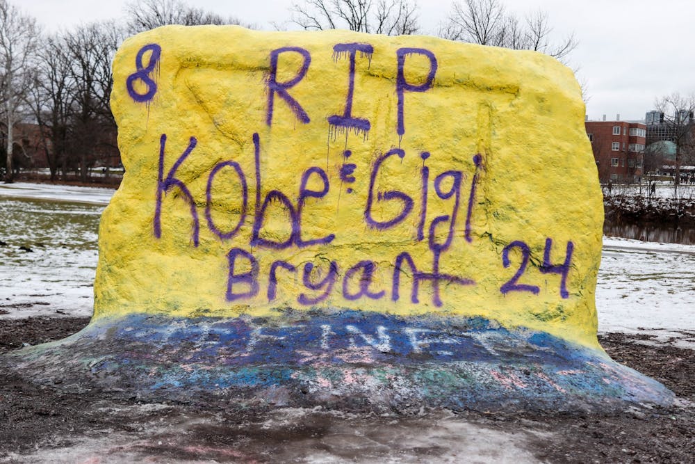 <p>The Rock on Farm Lane reads “RIP Kobe &amp; Gigi Bryant 24” on Jan. 27.</p>