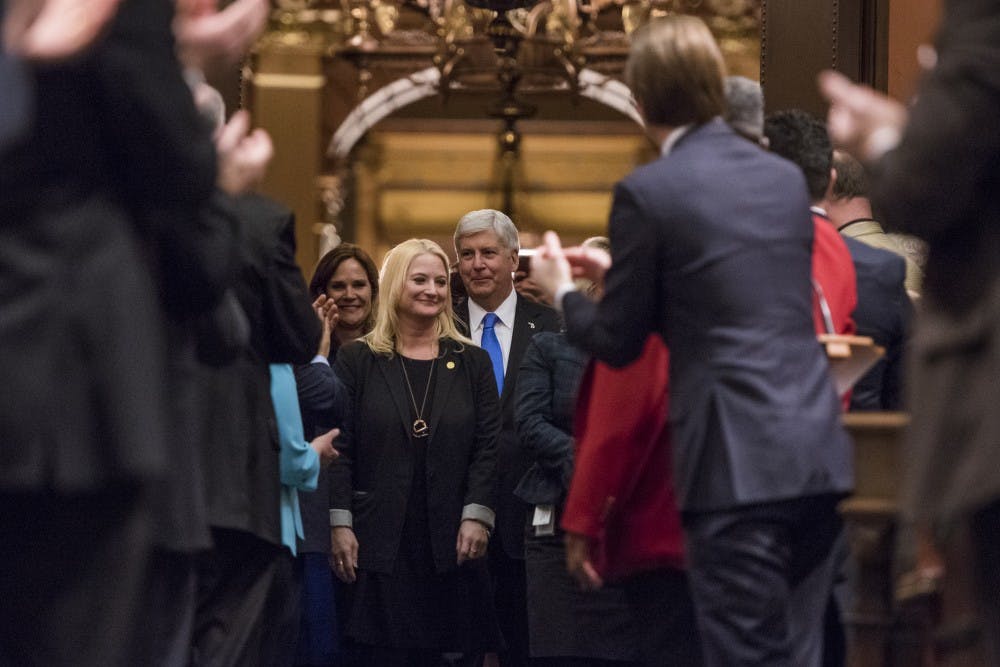 Gov. Rick Snyder makes his appearance before delivering the State of the State Address on Jan. 23, 2018 at the Capitol in Lansing. (Nic Antaya | The State News)