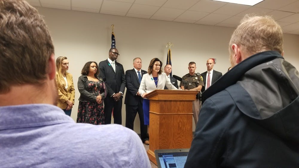 Democratic gubernatorial candidate Gretchen Whitmer holds a press conference on Friday, Sep. 21 with local law enforcement, prosecutors, and Nassar survivors. 