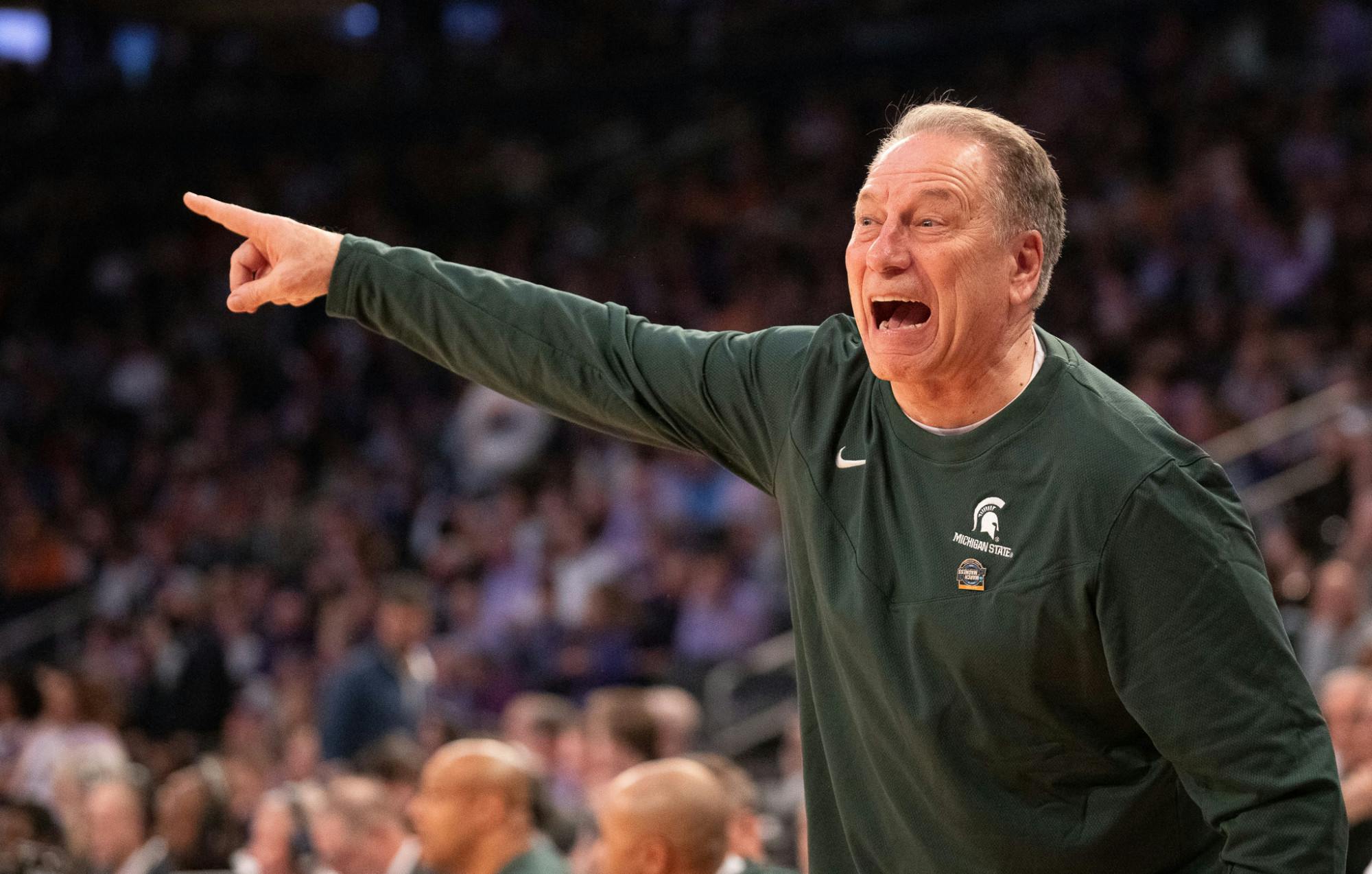 <p>Head men's basketball coach Tom Izzo yells at the ref during the Sweet Sixteen matchup against Kentucky State University at Madison Square Garden on March 23, 2023. The Spartans fell to the Wildcats with a score of 98-93.</p>