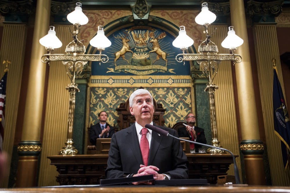 Gov. Rick Snyder addresses the audience during the State of the State Address on Jan. 17, 2017 at the Capitol in Lansing.