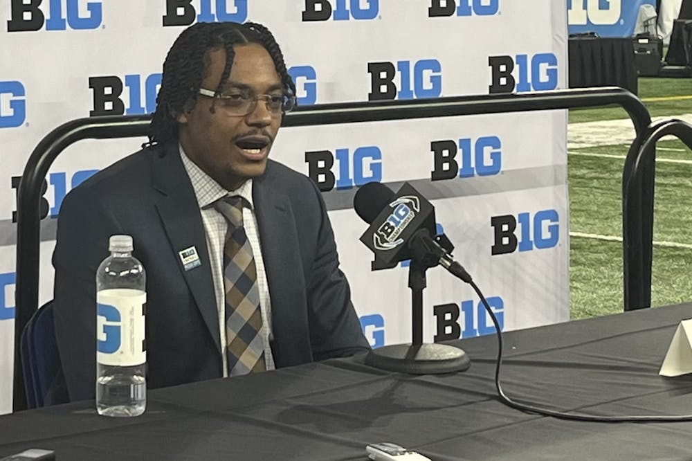 Michigan State senior safety Xavier Henderson speaks with the media at Big Ten Media Days