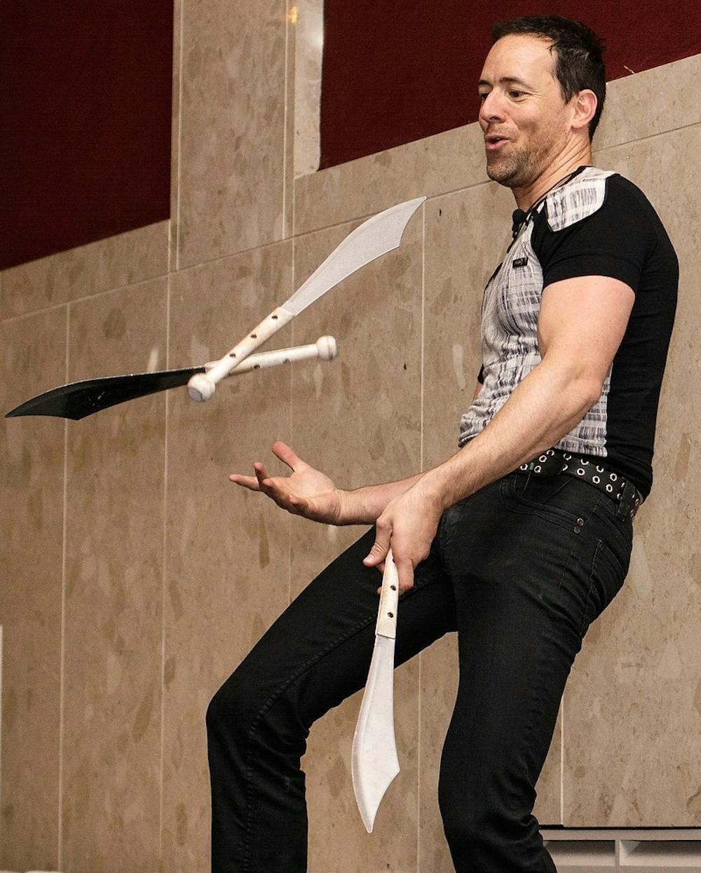 	<p>Juggler Charles Peachock performs during Little Sibs Weekend on Feb. 7, 2014, in the Union Ballroom. Peachock was a contestant on the television show America&#8217;s Got Talent. Casey Hull/The State News</p>