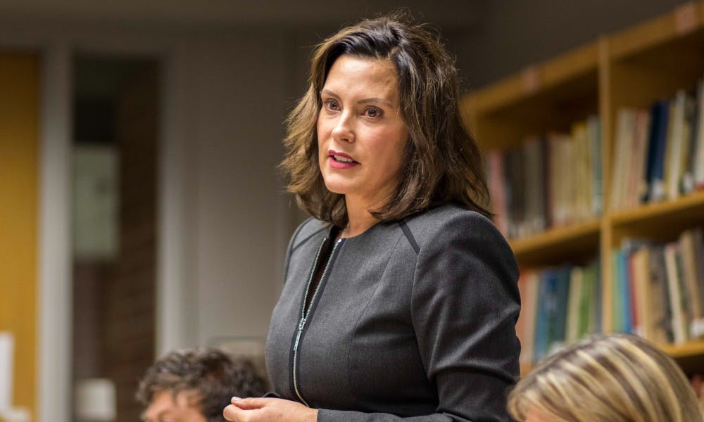 <p>Gubernatorial candidate Gretchen Whitmer speaks during the Know Your Vote event on Oct. 11, 2017, at Case Hall. The MSU Democrats and the MSU NAACP hosted the event.</p>