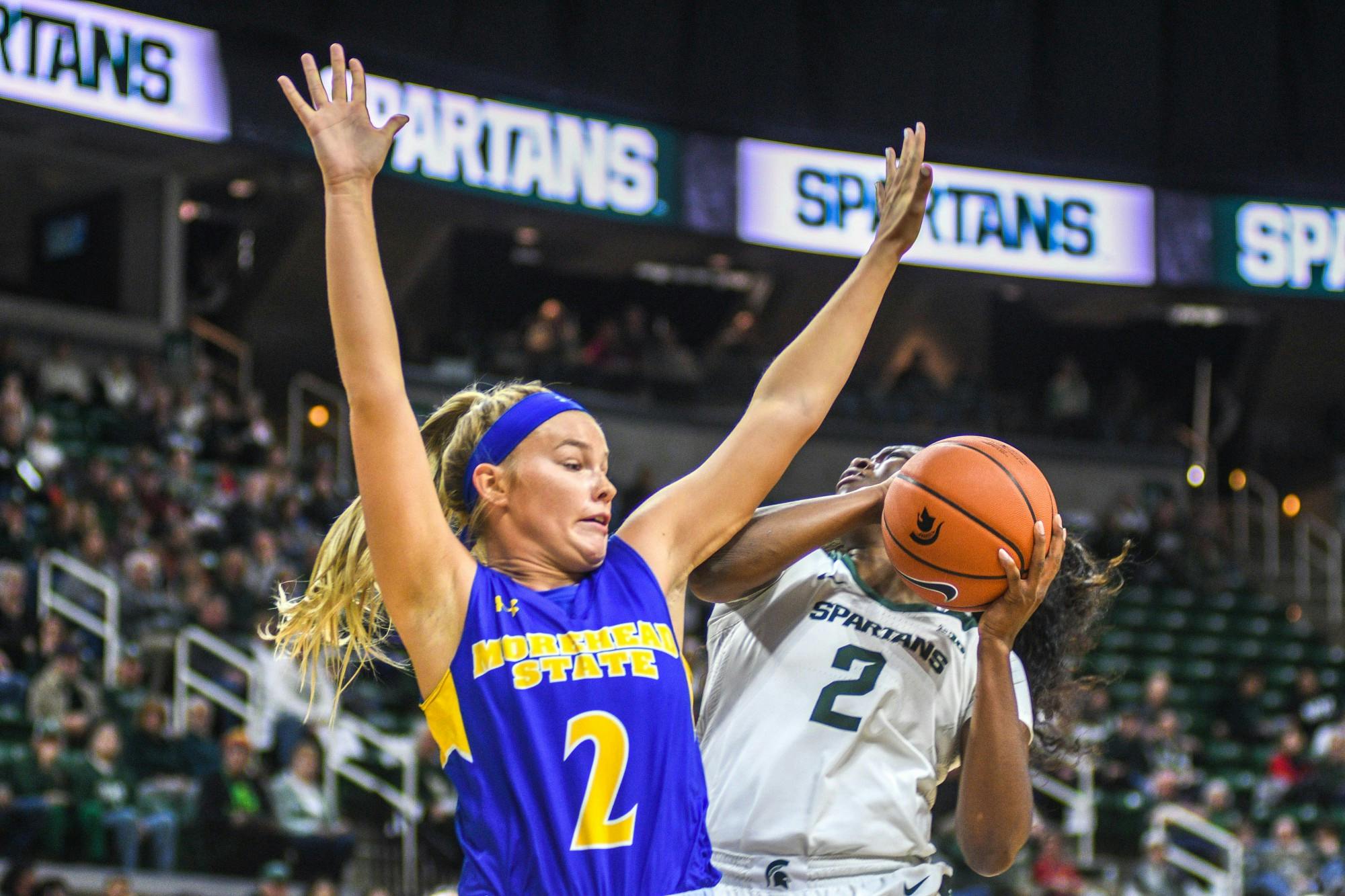 Redshirt sophomore forward Mardrekia Cook (2) shoots the ball during the game against Morehead State at Breslin Center on Dec. 15, 2019. The Spartans defeated the Eagles, 93-48.