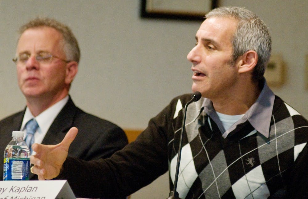 Staff attorney for the LBGT Project of ACLU Michigan Jay Kaplan speaks his part concerning the current anti-gay legislation in the Michigan House and Senate on Tuesday afternoon at the College of Law. Anthony Thibodeau/The State News